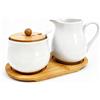 Behogan Set da 2 pezzi latte e zucchero, zuccheriera in ceramica con coperchio in bambù e cucchiaio, pratico bricco per latte in ceramica con vassoio in legno, contenitore per zucchero per cucina e tavolo da