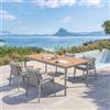 DEGHI Set pranzo tavolo 200/300x100 cm e 4 sedie con braccioli in alluminio tortora e dettagli in legno teak - Nordes