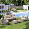 DEGHI Set relax 5 posti in alluminio e rivestimento in corda tortora con cuscini e tavolino con top in legno teak - Roux