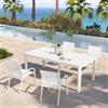 DEGHI Set pranzo bianco con tavolo 200/260/320x100 cm e 4 sedie con braccioli tondi textilene e alluminio - Carioca