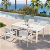 DEGHI Set pranzo bianco con tavolo 200/260/320x100 cm e 4 sedie con braccioli in alluminio a doghe - Carioca