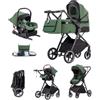 Kakbgee Passeggino 3 in 1 con Seggiolino Auto, Carrozzina Piegevole, 7-Altezza Regolabile, Sospensione 4 Ruote, Copripioggia e Zanzariera, Baby Stroller per Neonati 0-3 Anni (15kg), Verde