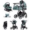 Kakbgee Passeggino 3 in 1 con Seggiolino Auto, Carrozzina Piegevole, 7-Altezza Regolabile, Sospensione 4 Ruote, Copripioggia e Zanzariera, Baby Stroller per Neonati 0-3 Anni (15kg), Blu-Verde