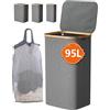 IHOMAGIC Cesto Portabiancheria Sporca per Bagno, 95L Portabiancheria Salvaspazio con Coperchio e Borsa Interna, Cesta Panni Sporchi con Manici, Portabiancheria Pieghevole per Lavanderia, Grigio