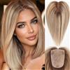 HAIRCUBE Topper per capelli umani da donna, veri capelli umani, senza frangia, 10,2 x 14 cm, base 30,5 cm, marrone con evidenziazione bionda per donne con radici diradate o grigie