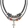 Ancient Tribe Collana Boho a Doppio Strato con Ciondolo a Croce - Cordino in Pelle Intrecciata e Corda Cerata, Perline Colorate, Lunghezza Regolabile 35,5 cm