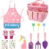 lasuroa 12 Pezzi di Set di Attrezzi da Giardinaggio, Kit da Giardinaggio per Bambini con Forche, Pale, Rastrelli, Borse, Bottiglie, Guanti, Bavaglini, Attrezzi da Spiaggia per Bambini (Rosa)
