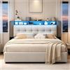 BRILVERDE Letto imbottito 160x200 con Contenitore idraulico, Letto matrimoniale a LED con USB, Funzionale con testiera, Struttura letto con rete a doghe, Velluto (Beige, 160 x 200 cm)
