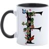 Paolo Chiari Tazza in Ceramica Personalizzata con Lettera, Motivo Floreale con Farfalle e Manico Nero, Made in Italy, 300 ml (K)