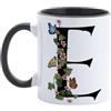Paolo Chiari Tazza in Ceramica Personalizzata con Lettera, Motivo Floreale con Farfalle e Manico Nero, Made in Italy, 300 ml (E)