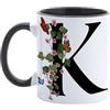 Paolo Chiari Tazza in Ceramica Personalizzata con Lettera, Motivo Floreale con Farfalle e Manico Nero, Made in Italy, 300 ml (K)