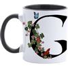 Paolo Chiari Tazza in Ceramica Personalizzata con Lettera, Motivo Floreale con Farfalle e Manico Nero, Made in Italy, 300 ml (G)