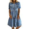 Generic ,Deep Blue,XL,Vestito in Denim da Donna Estate Casual con Bottoni Vestito Camicia in Denim Midi Vestito in Jeans con Balze a Strati e Effetto Consumato Gonna Larga