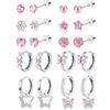 JeweBella 10Paia Piccoli Orecchini per Donna Ragazze Acciaio Chirurgico Ipoallergenico Orecchini a Cerchio Pendenti Farfalla Fiore Zircone Multicolore Cartilagine Set di Orecchini Bambina Anallergici