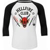 Heroes Inc. Stranger Things 4 - Maglia a Maniche Lunghe con Stemma del Club Hellfire - Raglan Contrast 3/4 - Bianco e Nero - XS, Bianco e Nero, XS
