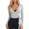 LEACOOLKEY Top avvolgente da donna, per yoga, pilates, a maniche lunghe, con scollo a V, vestibilità aderente, D-grigio, S