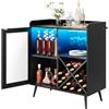 YITAHOME Piccolo mobile da bar con luci a LED, porta in acrilico e portabottiglie per vino, caffetteria con portabicchieri, credenza per casa, bar, sala da pranzo, soggiorno o cucina, nero