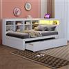 Oxtao Divano in legno massello, 90 x 200, letto con 2 cassetti, presa USB e luce a LED, ripiani e ripiani, molto spazio, divano multifunzionale, letto in legno (bianco con cassetti, 90 x 200 cm)