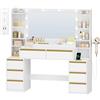 HEXCELEN 135cm Toeletta Trucco con Specchio, Toeletta con LED e Prese, Grande Tavolo da Trucco con Supporto Per Asciugacapelli, 8 Cassetti e Ripiani Aperti, Moderno, Bianco-Oro