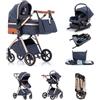 Kakbgee Passeggino 3 in 1 con Seggiolino Auto, Con base ISOFIX, Carrozzina Piegevole, 7-Altezza Regolabile, Sospensione 4 Ruote, Copripioggia, Zanzariera, Stroller per Neonati 0-3 Anni, 15kg, Blu