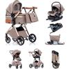 Kakbgee Passeggino 3 in 1 con Seggiolino Auto, Con base ISOFIX, Carrozzina Piegevole, 7-Altezza Regolabile, Sospensione 4 Ruote, Copripioggia, Zanzariera, Stroller per Neonati 0-3 Anni, 15kg, Cachi