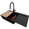 PRIMAGRAN Lavandino da Cucina Tutto Nero 90x50cm, Lavello in Granito a 1 vasca + Rubinetto 40x20cm + Set di accessori, Lavabo da Cucina Incasso al Mobile 60cm - Sydney Ergo S475