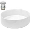 LuxeBath Lavabo da Appoggio incl. Set Scarico senza Troppopieno Ø 355 x 120 mm in Ceramica Rotondo Finitura Colore Bianco Lucido Lavandino Design Moderno Bacinella Lavamani Lavello Sanitari Bagno