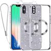 Kokio Glitter Magnetica Cover per iPhone X/XS con Cordino, Compatibile con MagSafe, Brillantini Sottile Silicone TPU Antiurto Custodia per iPhone X/XS con 2 Vetro Temperato Bumper, Argento