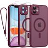 Phoona Cover Magnetica per iPhone 11 6,1 con Cordino e 2 Pellicole in Vetro Temperato, Compatibile con Magsafe, Custodia Traslucida Opaca Resistente Antiurto Sottile Protettiva Case, Rosso Scuro