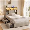 LieABak Letto Singolo 90x200 cm, Letto una Piazza, Letto Imbottito in Lino con LED, Letto Contenitore con 2 Cassetti, Letto Salvaspazio per Cameretta e Camera Ospiti, Testiera con Mensole e USB/Type-C, beige