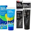 ECODENTA Set per la cura dentale familiare, dentifricio per bambini Colour Surprise Melone, 75 ml, dentifricio sbiancante al carbone attivo nero, 100 ml, protezione carie per bambini e sbiancamento