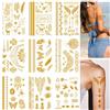 Qpout 9 Foglio Flash Oro Tatuaggi Temporanei Metallic Golden Glitter Tattoo, tatuaggi finti da attaccare sulla pelle impermeabile Tatuaggi adesivi accessori per feste adulto