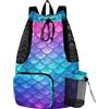 GuoChe Zaino con coulisse, borsa da campeggio con tasca per bottiglia d'acqua, separazione asciutta e bagnata, scala di sirena arcobaleno
