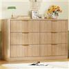 TEENFON Comò a 6 Cassetti con Righe Verticali, Comò Moderno Largo con Maniglie in Metallo e Design Curvo, Contenitore in Legno Massello per Abiti, per Camera da Letto e Ingresso, Legno Naturale