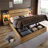 LDOKAHAUS Letto matrimoniale in legno, 180 x 200 cm, in stile industriale, letto idraulico con stazione di ricarica USB, con cassetti e nicchie da comodino, colore rovere e telaio in metallo (senza