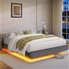 STHYTON Letto Sospeso Imbottito 140 x 190 cm, Telaio letto con LED RGB, Letto piattaforma in Metallo senza Rete a Molle, Silenzioso, Facile da Montare, Grigio Scuro e Nero
