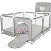 HUOLE Box per Bambini, Recinto per Bambini Pieghevole in Tessuto Oxford con Rete Traspirante, Box per Neonati con Giochi che Include 50 Palline,126 * 126 * 66 cm - Grigio chiaro