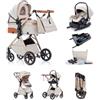 Kakbgee Passeggino 3 in 1 con Seggiolino Auto, Con base ISOFIX, Carrozzina Piegevole, 7-Altezza Regolabile, Sospensione 4 Ruote, Copripioggia, Zanzariera, Stroller per Neonati 0-3 Anni, 15kg, Beige