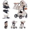 Kakbgee Passeggino 3 in 1 con Seggiolino Auto, Carrozzina Piegevole, 7-Altezza Regolabile, Sospensione 4 Ruote, Copripioggia e Zanzariera, Baby Stroller per Neonati 0-3 Anni (15kg), Beige