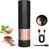 AMOSA Macina Sale e Pepe Elettrico, 2 in 1 Doppio Contenitore USB Ricaricabile Ricaricabile Automatico Saliera e Pepiera con luce LED, doppio macinino in ceramica grossolanità regolabile, Nero