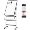 GIANTEX Lavagna bianca mobile double face, 60 x 90 cm, lavagna magnetica regolabile in altezza, con ruote e supporto, lavagna magnetica con portapenne, accessori inclusi, cancellabile a secco (nero)