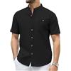 Zaitun Camicia da uomo a maniche corte in lino con colletto alla coreana, casual, con bottoni, vestibilità regolare, top estivo con tasca, spiaggia, vacanze e uso quotidiano, blu cielo, M