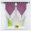 Joyswahl Lydia - Set di 2 tende a doppio strato, trasparenti, in poliestere, con passanti, con frangia a pompon, decorazione per finestre, per cucina, soggiorno, viola/bianco, 45 x 90 cm