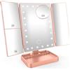 SURFOU Specchio da Tavolo Trucco Tri-Fold con 24 LED Touch, 1X/2X/3X/10X Ingrandimento Regolabile, Luce Regolabile 180°, Alimentazione USB/Batteria, Donne - Oro rosa