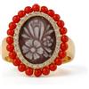 gioiellitaly Anello Regolabile in Argento 925 Dorato con Cammeo Floreale, Zirconi e Corallo Rosso Naturale - Collezione Corallo Cameo gioiello artigianale da donna ragazza