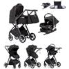 Kakbgee Passeggino 3 in 1 con Seggiolino Auto, Carrozzina Piegevole, 7-Altezza Regolabile, Sospensione 4 Ruote, Copripioggia e Zanzariera, Baby Stroller per Neonati 0-3 Anni (15kg), Nero
