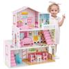 HOMASIS Casa delle Bambole a 3 Ripiani, Casetta Legno Bambole con 5 Stanze, Villa dei Sogni, Giochi per Bambine e Bambini dai 3 Anni, 60 x 25 x 70 cm, Rosa