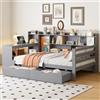 Oxtao Divano letto 90 x 200 cm, letto multifunzione con presa USB, scrivania, 2 cassetti, libreria, ripiani e scaffali, letto in legno massiccio con rete a doghe (grigio con cassetti, 90 x 200 cm)