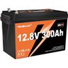 Yeagulch 12V 300Ah Batteria al Litio LiFePO4, 3840Wh, BMS 200A, 4000-15000 Cicli, per Camper, Sistemi Solari, Accumulo Domestico Off-Grid