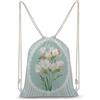 Jubonexis Zaino in tela con coulisse e fiori bianchi a righe color menta pastello e bianco, borsa leggera da palestra per uomo e donna